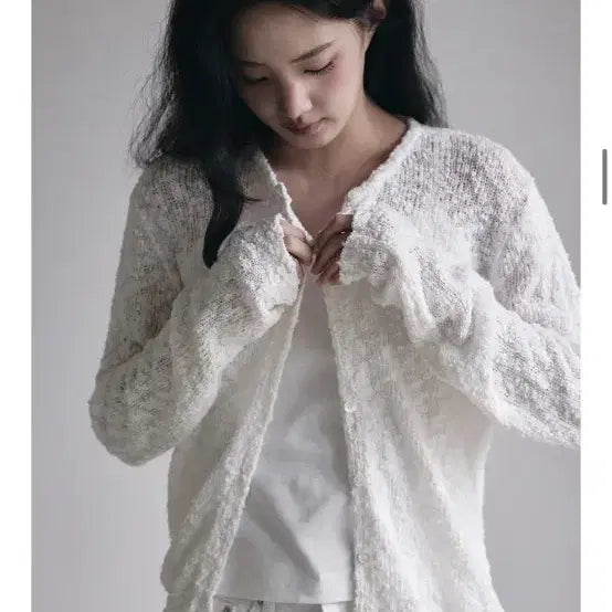 [BUNJANG] Yoonseul Shop White Cotton Slub Cardigan / 윤슬샵 화이트 코튼 슬럽 가디건