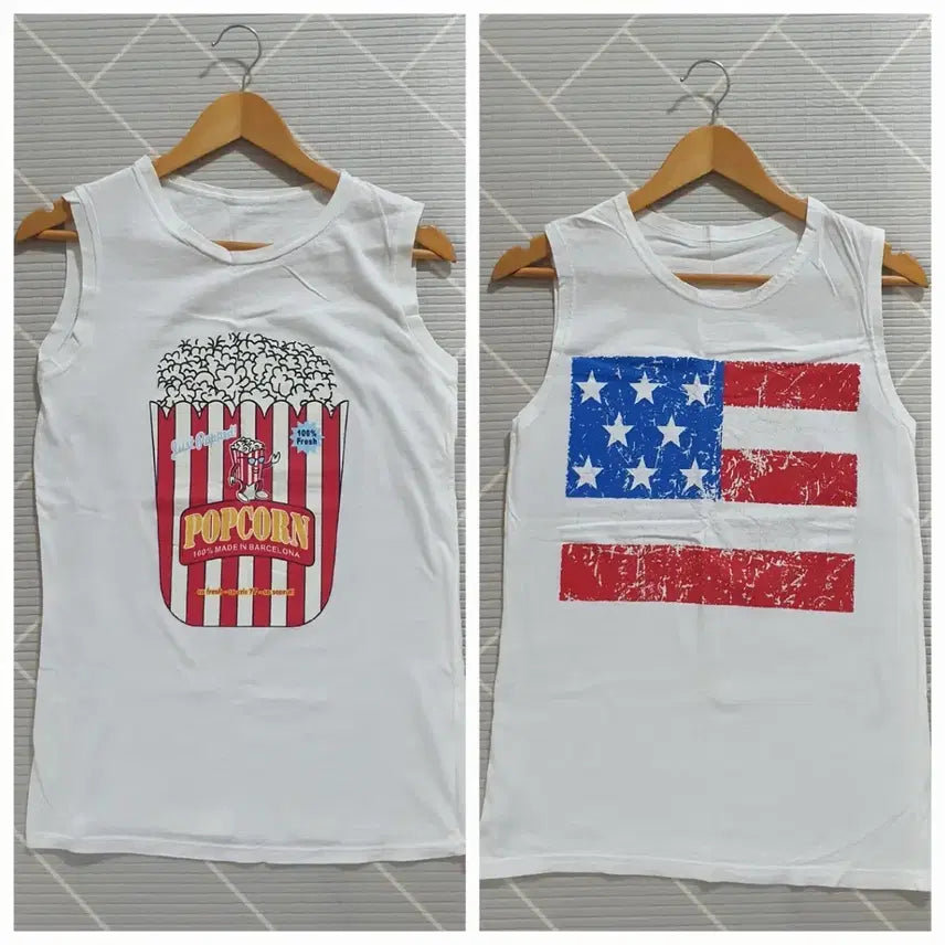 [BUNJANG] Popcorn &amp; American Flag Print Sleeveless T-Shirts Bundle Set / 2종일괄  팝콘 민소매티셔츠 성조기 민소매티셔츠.나시티셔츠
