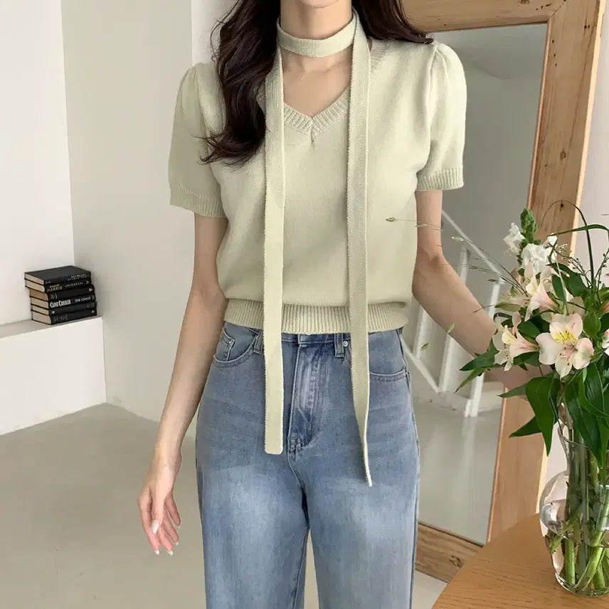 [BUNJANG] Tie V-Neck Knit Set / 타이set 브이넥 반팔 니트