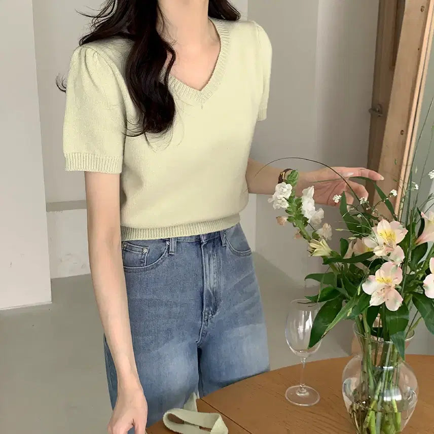 [BUNJANG] Tie V-Neck Knit Set / 타이set 브이넥 반팔 니트