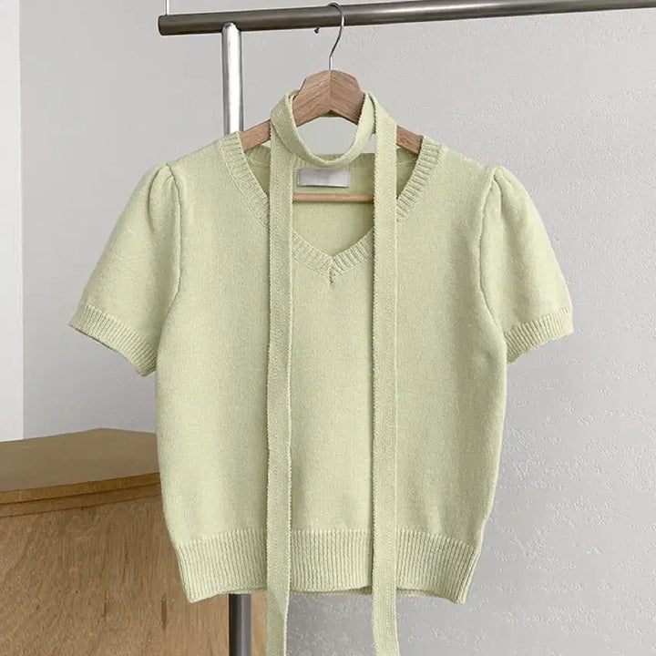 [BUNJANG] Tie V-Neck Knit Set / 타이set 브이넥 반팔 니트