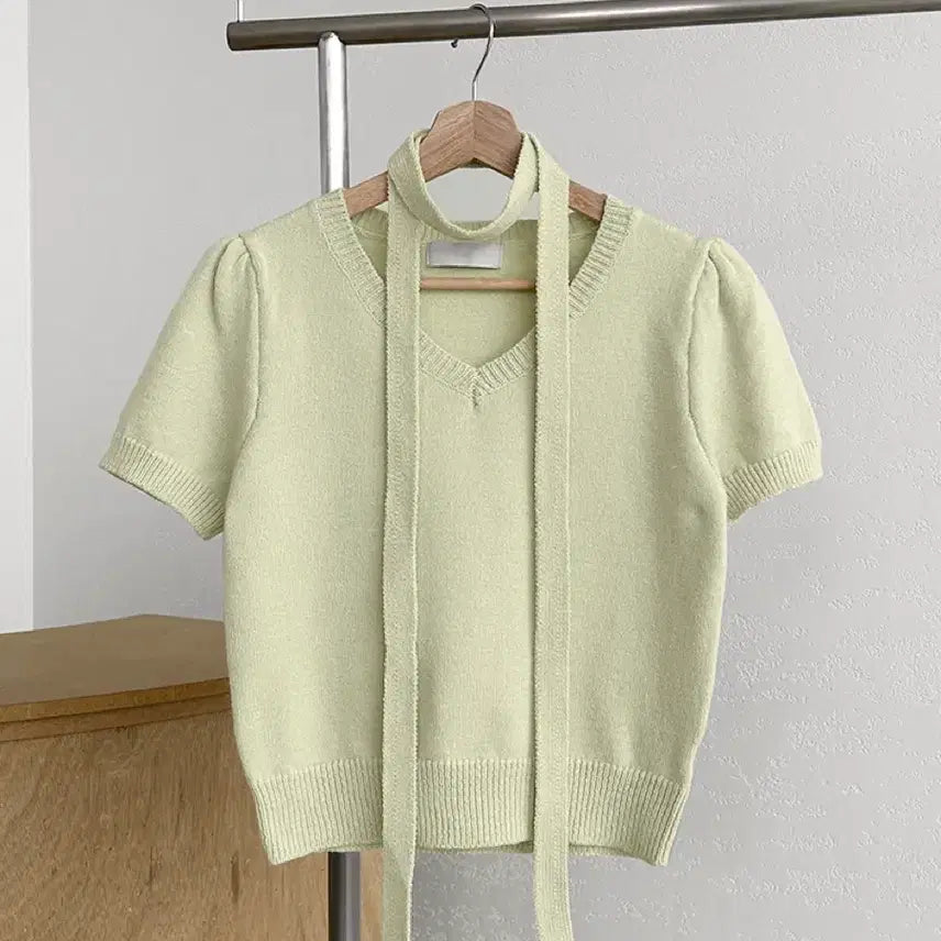 [BUNJANG] Tie V-Neck Knit Set / 타이set 브이넥 반팔 니트