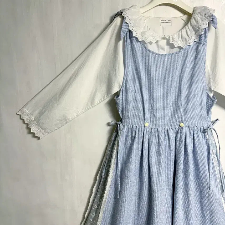 [BUNJANG] Cotton Lace Dress &amp; Floral Embroidered Blouse Set / 면 100% 레이스 원피스, 레이스 카라 꽃 자수 블라우스 세트