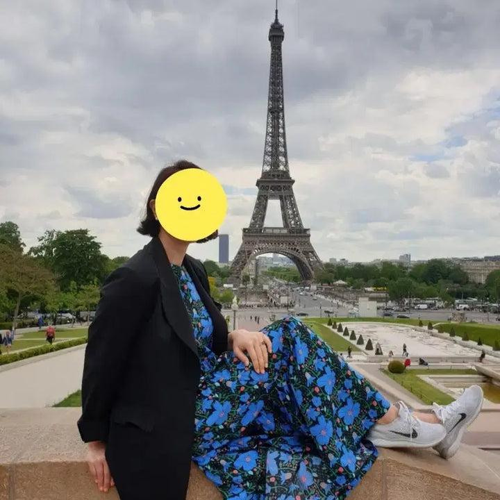 [BUNJANG] Blue Flower Puff Sleeve Long Dress / 블루 플라워 퍼프 소매 반팔 롱원피스
