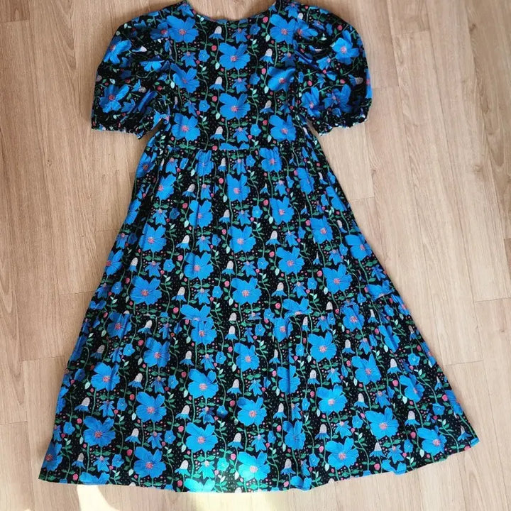 [BUNJANG] Blue Flower Puff Sleeve Long Dress / 블루 플라워 퍼프 소매 반팔 롱원피스