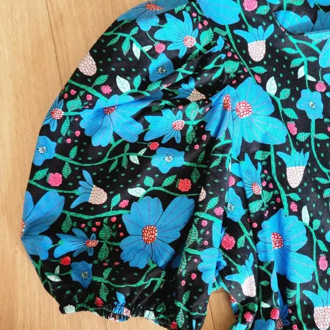 [BUNJANG] Blue Flower Puff Sleeve Long Dress / 블루 플라워 퍼프 소매 반팔 롱원피스