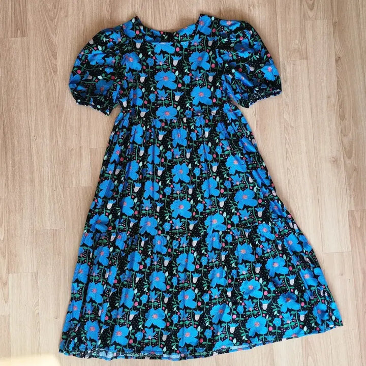 [BUNJANG] Blue Flower Puff Sleeve Long Dress / 블루 플라워 퍼프 소매 반팔 롱원피스