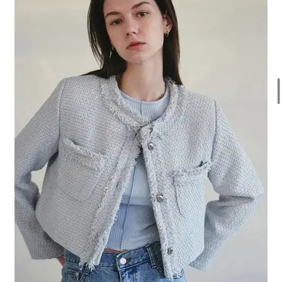 [BUNJANG] NICK&amp;NICOLE Tweed Crop Jacket Sky Blue / 닉앤니콜 트위드 크롭 자켓 스카이블루