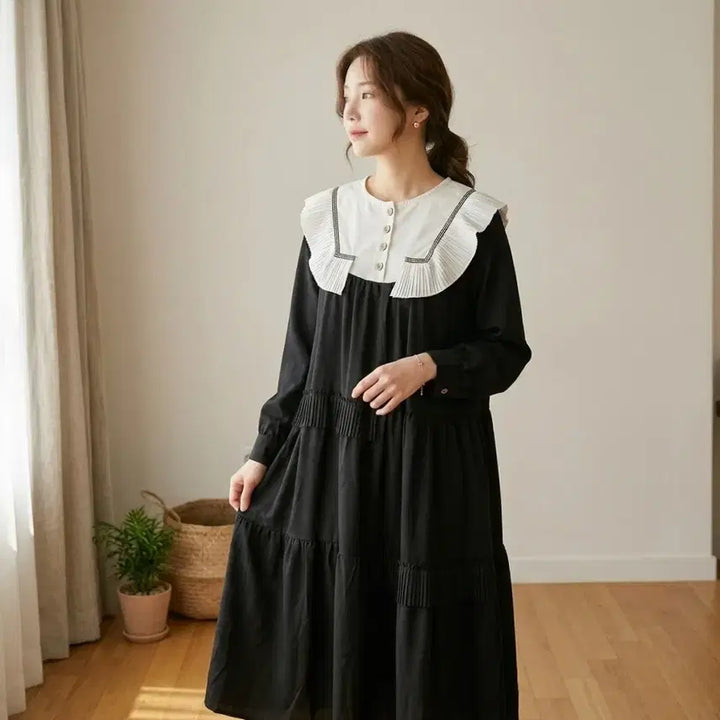 [BUNJANG] Pleated Collar Long Dress / 플리츠 카라 롱 원피스