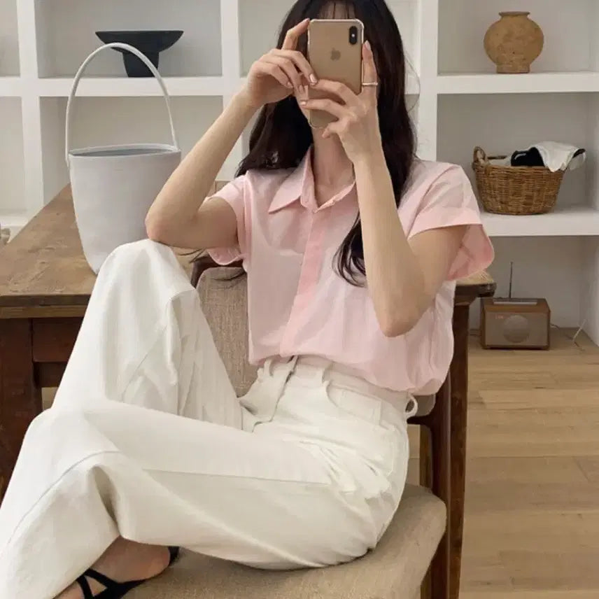 [BUNJANG] Roll-up Sleeve Short-Sleeve Collar Shirt / 롤업 반팔 카라 셔츠