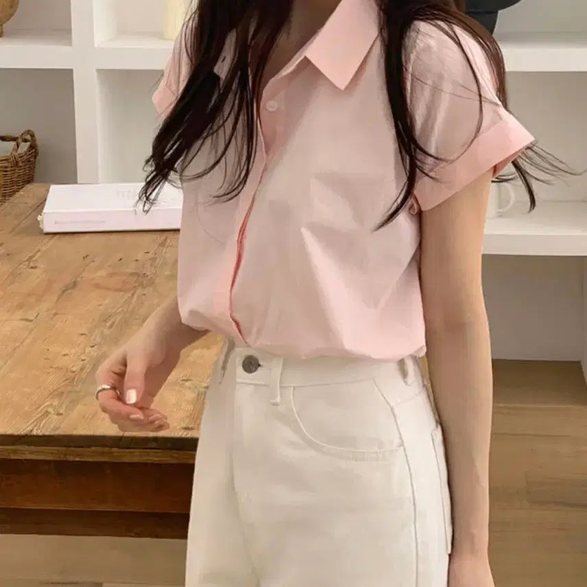 [BUNJANG] Roll-up Sleeve Short-Sleeve Collar Shirt / 롤업 반팔 카라 셔츠