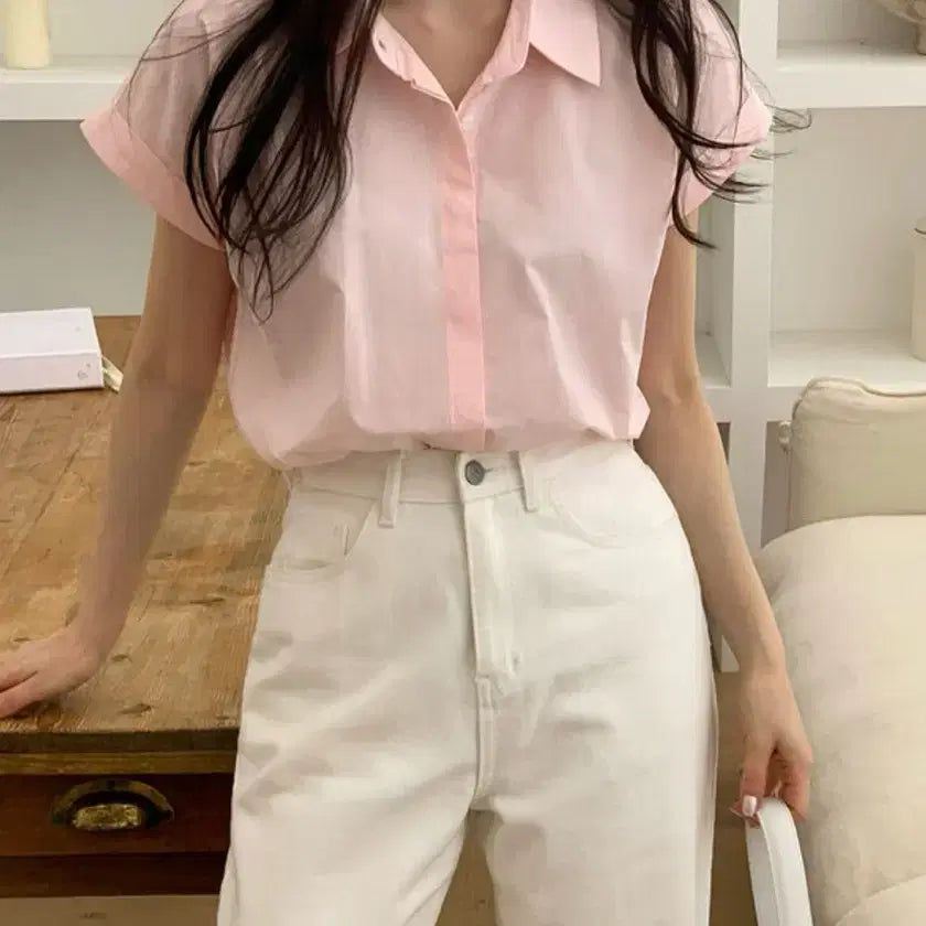 [BUNJANG] Roll-up Sleeve Short-Sleeve Collar Shirt / 롤업 반팔 카라 셔츠