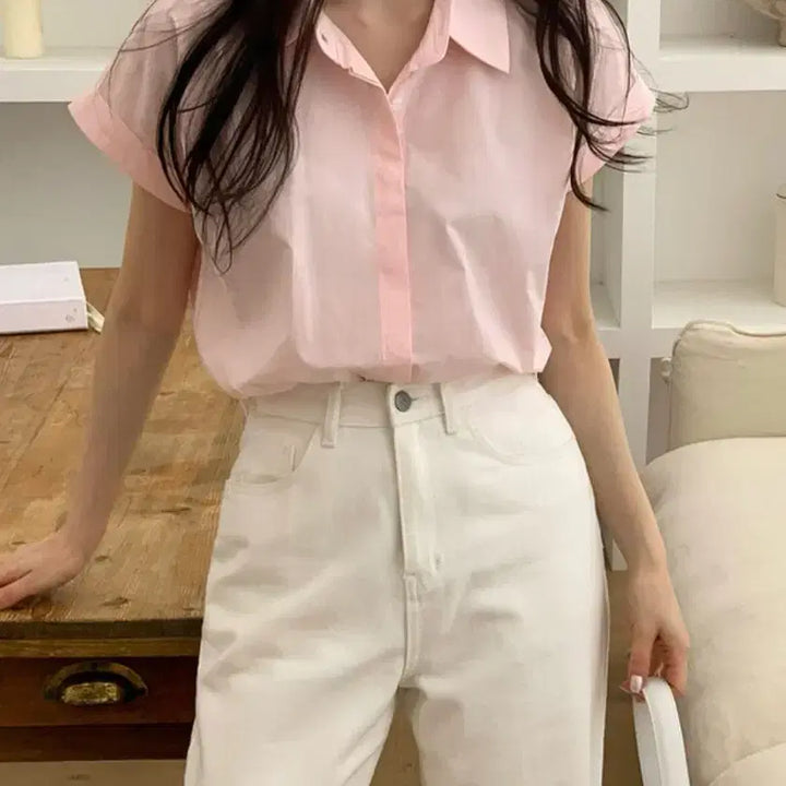 [BUNJANG] Roll-up Sleeve Short-Sleeve Collar Shirt / 롤업 반팔 카라 셔츠