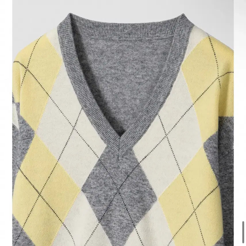 [BUNJANG] Overdue Flare Argyle V-neck Knit Top / 오버듀플레어 아가일 브이넥 니트 봄니트 여름블라우스 여름니트