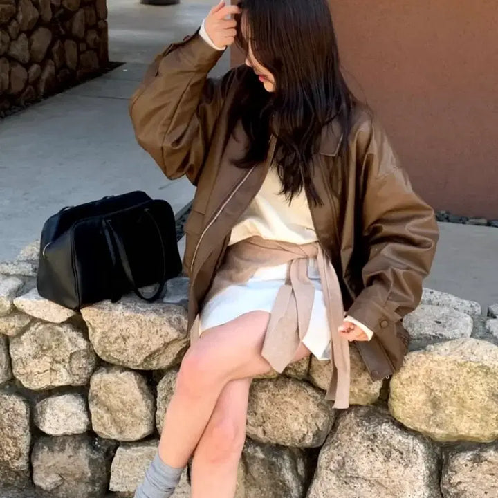 [BUNJANG] D.ANNEING Brown Oversized Leather Jacket / 무료배송. 새상품. 에이블리 디애닝 브라운 오버핏 가죽 레더 자켓
