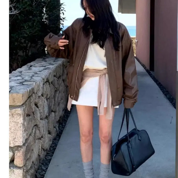 [BUNJANG] D.ANNEING Brown Oversized Leather Jacket / 무료배송. 새상품. 에이블리 디애닝 브라운 오버핏 가죽 레더 자켓