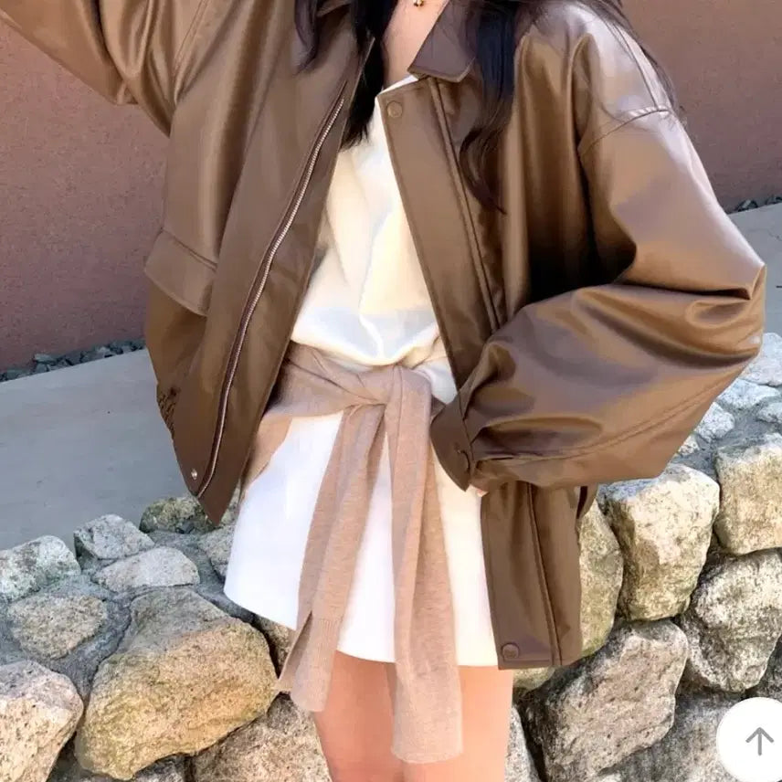 [BUNJANG] D.ANNEING Brown Oversized Leather Jacket / 무료배송. 새상품. 에이블리 디애닝 브라운 오버핏 가죽 레더 자켓