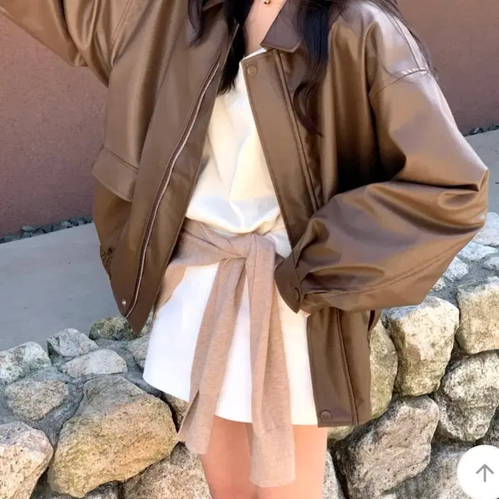 [BUNJANG] D.ANNEING Brown Oversized Leather Jacket / 무료배송. 새상품. 에이블리 디애닝 브라운 오버핏 가죽 레더 자켓