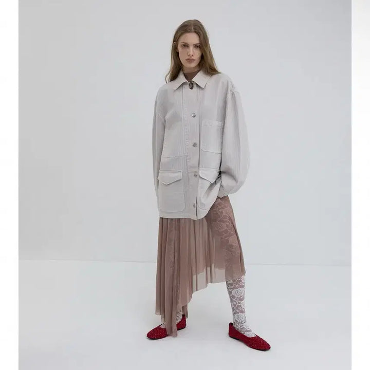 [BUNJANG] Overdue Flare Linen Work Jacket / 오버듀플레어 택달린 새상품 신상 여성워크자켓 여성봄자켓 여성린넨자켓