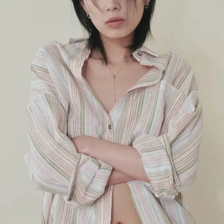 [SOLD OUT] 플리즈프로젝트 린넨 스트라이프 셔츠 핑크 LINEN SHIRT