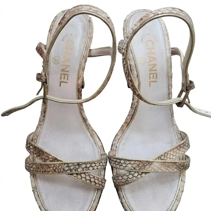 [BUNJANG] Chanel Python Metal Studded Heel Sandals / [정품/보강완료]샤넬(Chanel) 뱀피 메탈 스터드 힐 샌들 - 235