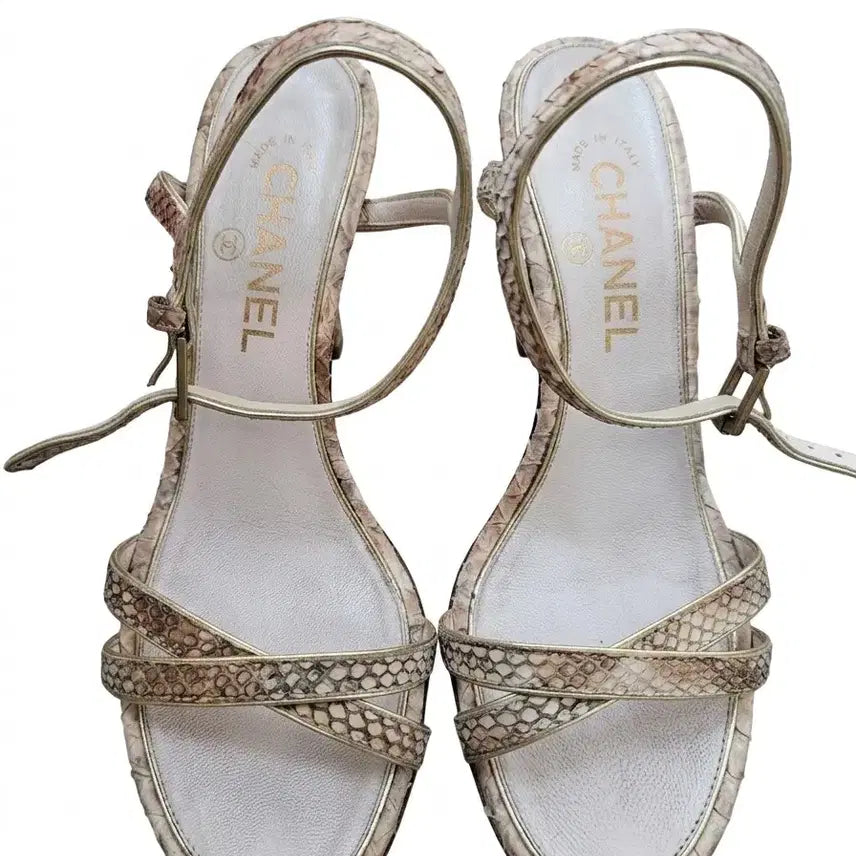 [BUNJANG] Chanel Python Metal Studded Heel Sandals / [정품/보강완료]샤넬(Chanel) 뱀피 메탈 스터드 힐 샌들 - 235