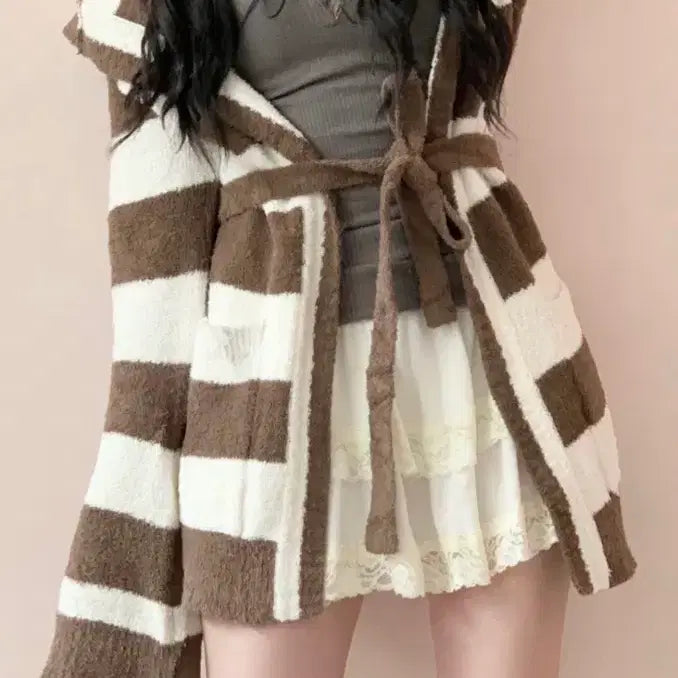 [BUNJANG] stc 진리오월빈티지 Striped Hooded Robe Cardigan / 초코바닐라 스트라이프 후드 로브 가디건  stc진리오월빈티지