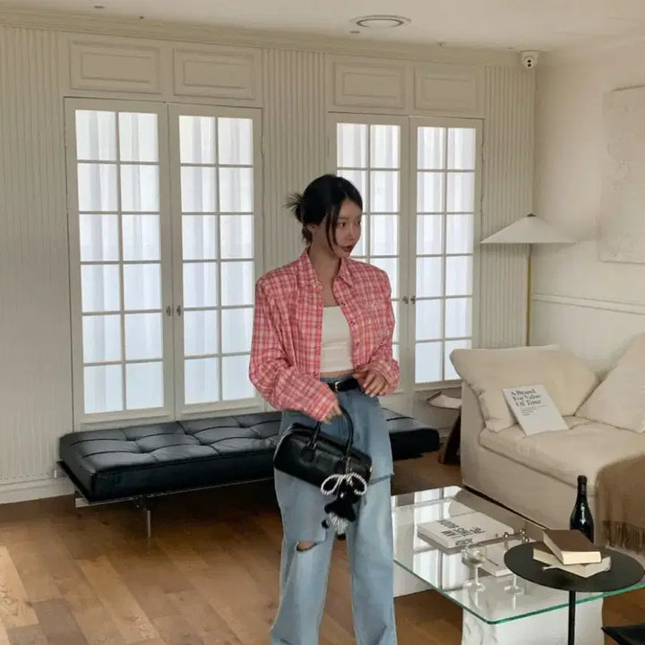 [BUNJANG] Reve City Crop Check Shirt Pink / 레브시티 스냅크롭체크남방 핑크