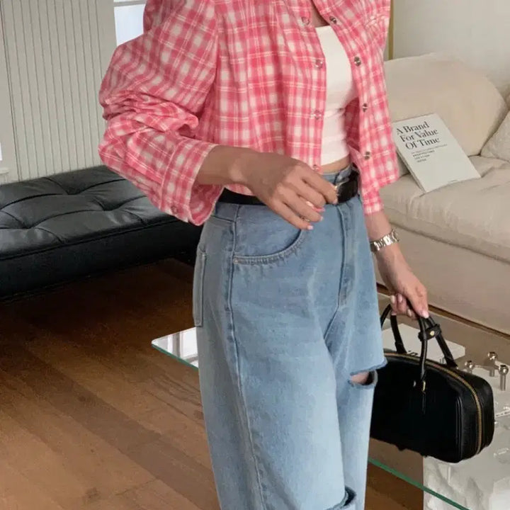 [BUNJANG] Reve City Crop Check Shirt Pink / 레브시티 스냅크롭체크남방 핑크