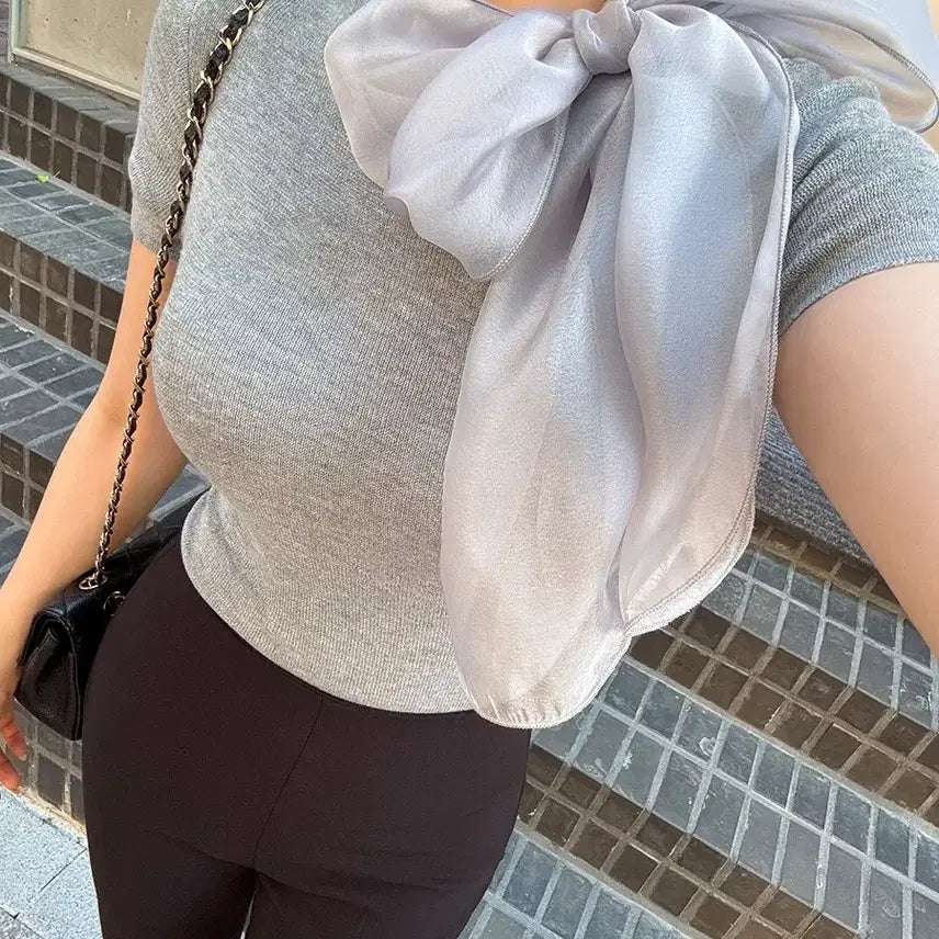 [BUNJANG] 2 Color Organza Ribbon Tie Short Sleeve Top / [새상품/빠른발송] 2컬러 오간자 리본 타이 반팔