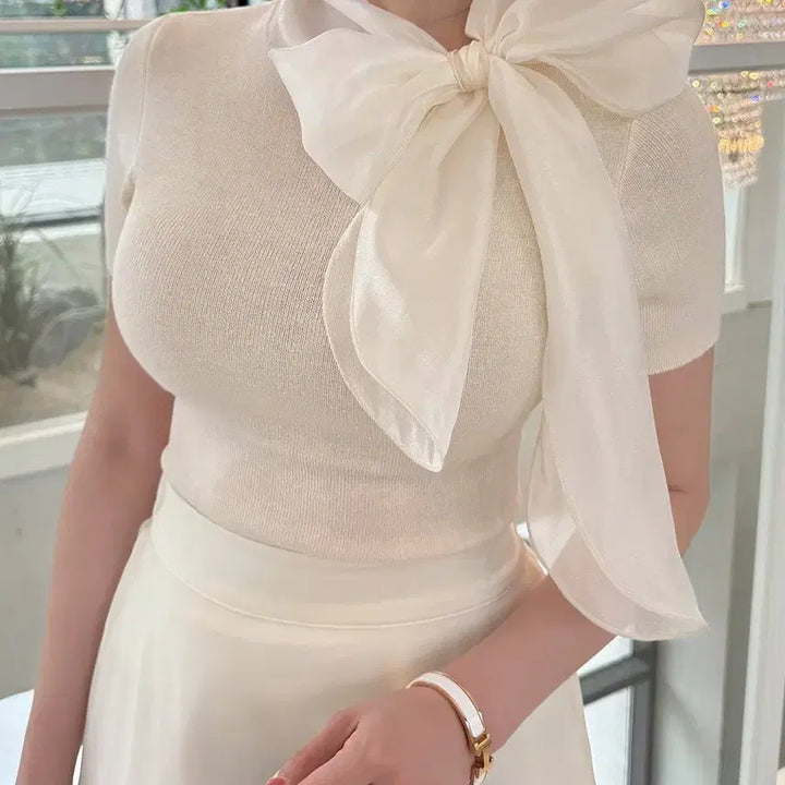 [BUNJANG] 2 Color Organza Ribbon Tie Short Sleeve Top / [새상품/빠른발송] 2컬러 오간자 리본 타이 반팔