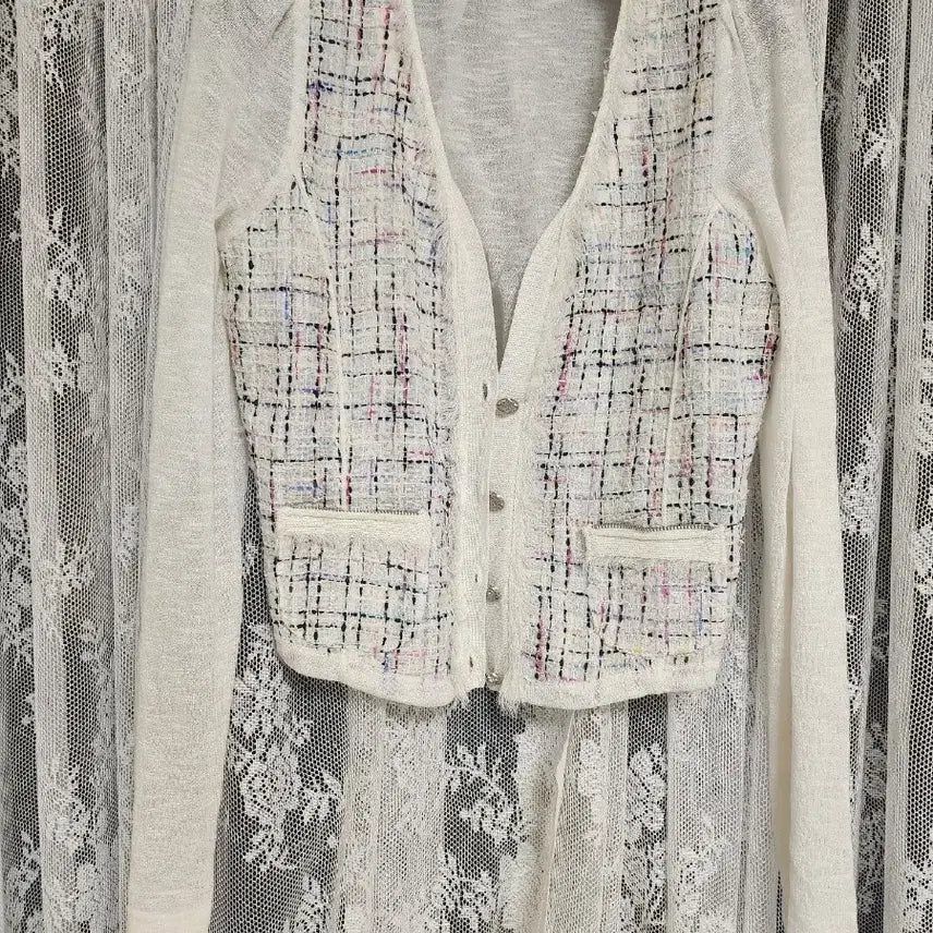 [BUNJANG] White Tweed Long-Sleeve Cardigan / 화이트 트위드 긴팔 가디건