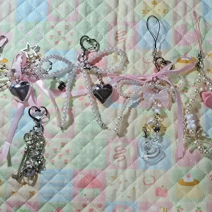 [BUNJANG] Heart Pearl Keyring Set / 진주 하트 키링 / 핸드폰 스트랩