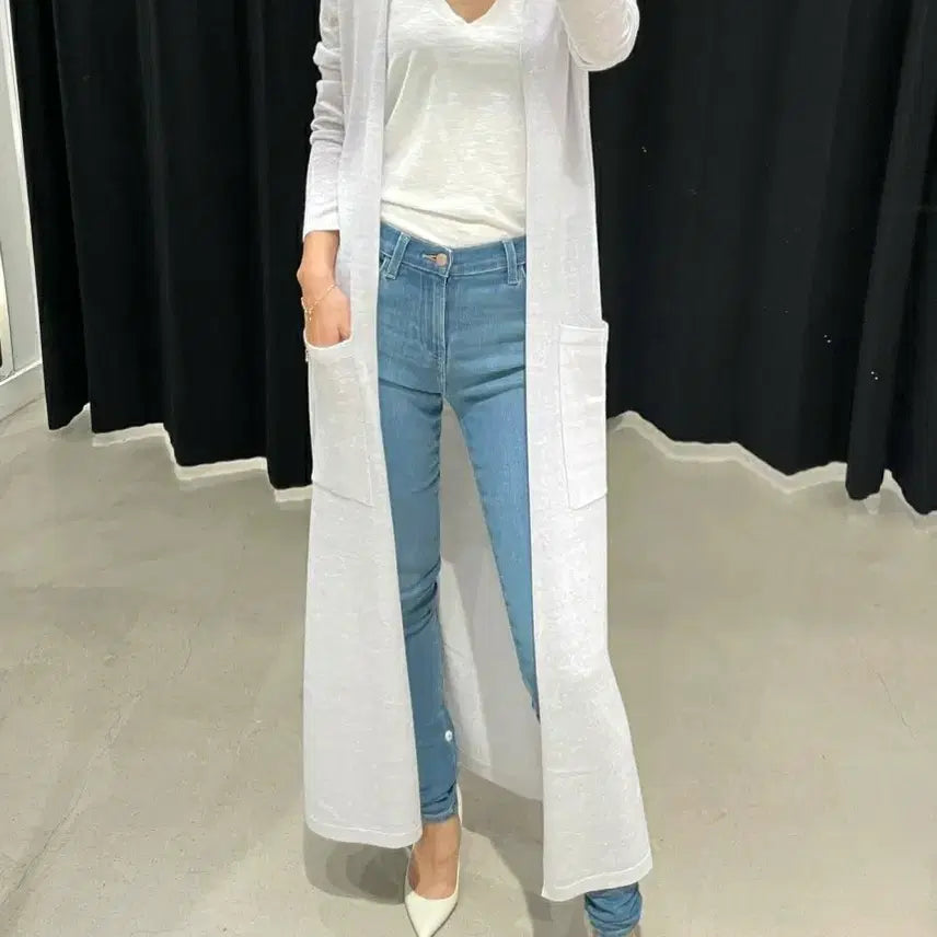 [BUNJANG] Theory Cream Ivory Wool Linen Blend Back Slit Long Cardigan / theory 띠어리 크림아이보리 울리넨블렌드 백슬릿 오픈 롱가디건