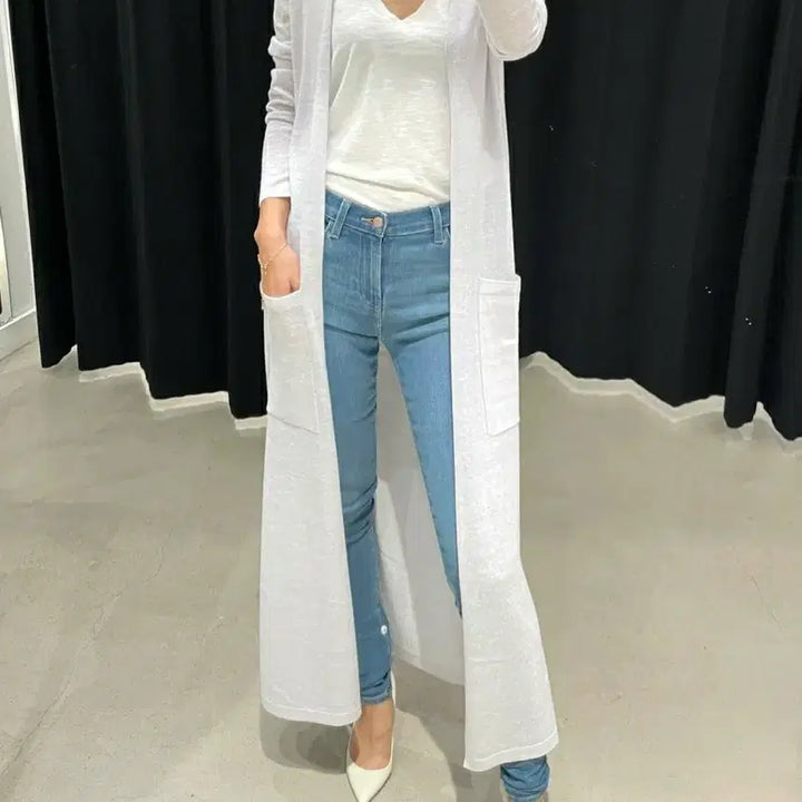 [BUNJANG] Theory Cream Ivory Wool Linen Blend Back Slit Long Cardigan / theory 띠어리 크림아이보리 울리넨블렌드 백슬릿 오픈 롱가디건