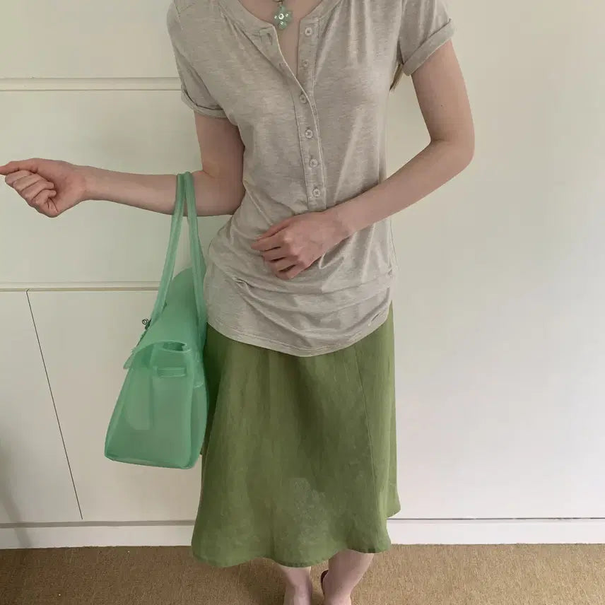 [BUNJANG] DOKNOWZERO Linen Midi Skirt / DOKNOWZERO 여름 리넨 밴딩 미디 스커트 그린