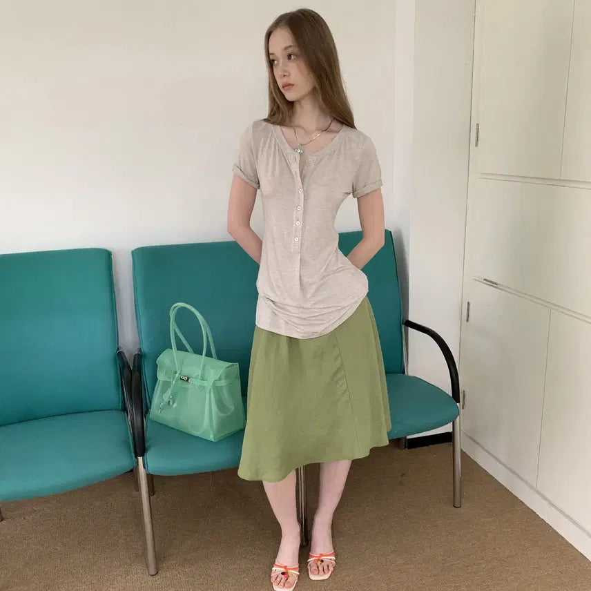[BUNJANG] DOKNOWZERO Linen Midi Skirt / DOKNOWZERO 여름 리넨 밴딩 미디 스커트 그린