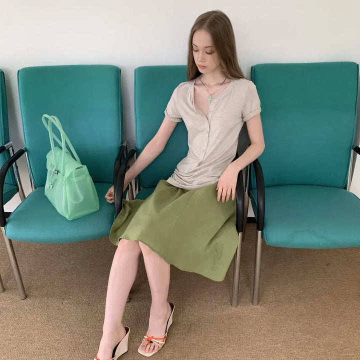 [BUNJANG] DOKNOWZERO Linen Midi Skirt / DOKNOWZERO 여름 리넨 밴딩 미디 스커트 그린
