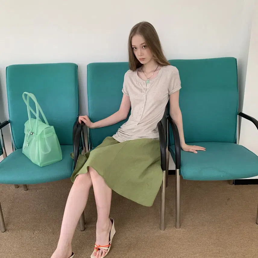 [BUNJANG] DOKNOWZERO Linen Midi Skirt / DOKNOWZERO 여름 리넨 밴딩 미디 스커트 그린