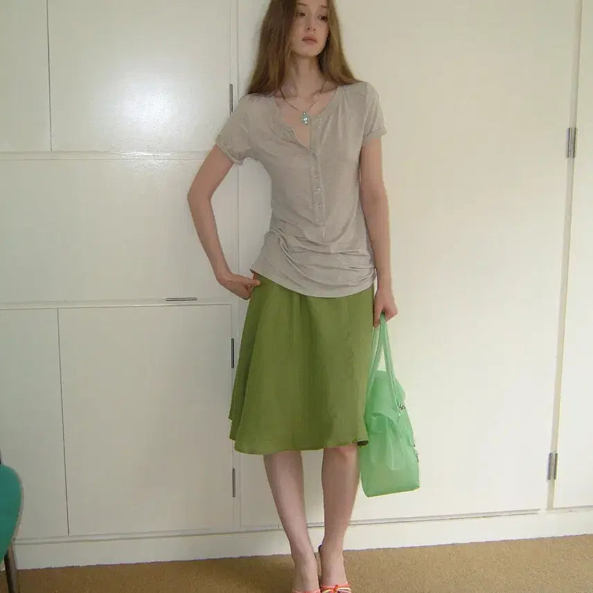 [BUNJANG] DOKNOWZERO Linen Midi Skirt / DOKNOWZERO 여름 리넨 밴딩 미디 스커트 그린