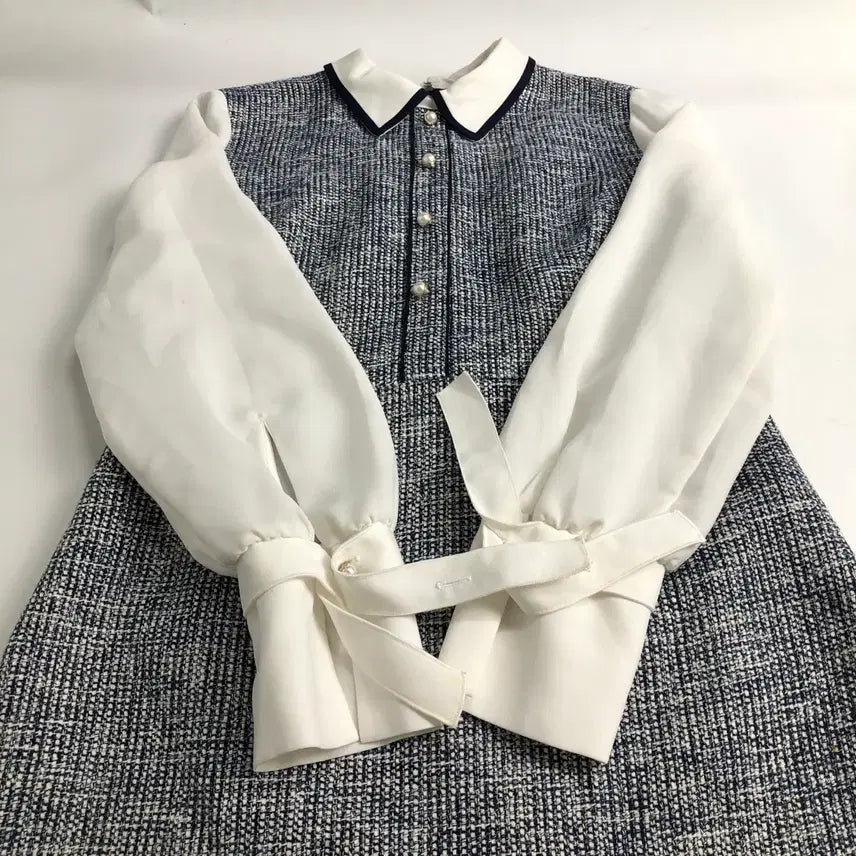 [SOLD OUT] 로엠 트위드 배색 쉬폰 롱 원피스