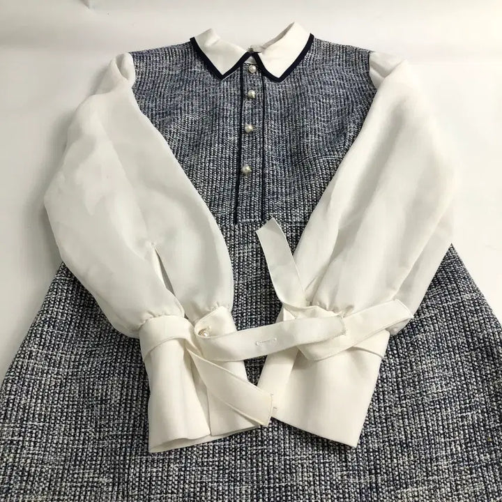 [SOLD OUT] 로엠 트위드 배색 쉬폰 롱 원피스