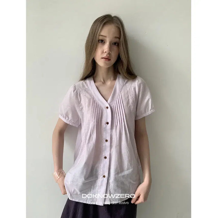 [BUNJANG] DOKNOWZERO V-Neck Pleated Embroidery Patchwork Short Sleeve Shirt / DOKNOWZERO V넥 플리츠 자수 패치워크 반팔 셔츠