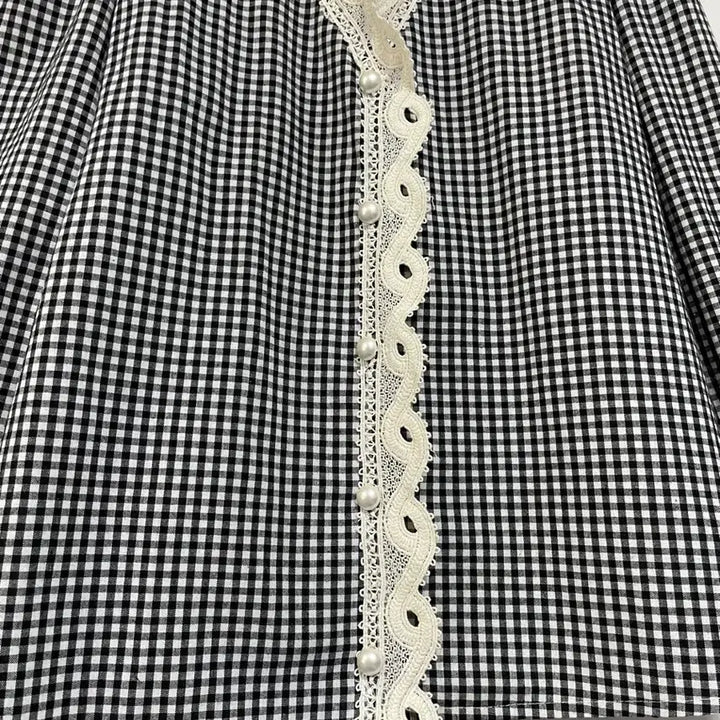 [BUNJANG] N6169 Lace-Detailed Puff Blouse / N6169 레이스배색 퍼프 블라우스.셔츠.체크