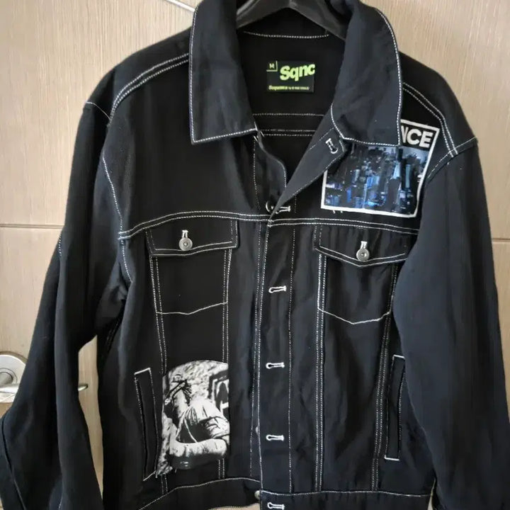 [BUNJANG] SEQUENCE Black Denim Jacket / SEQUENCE 블랙 데님 자켓 프린팅