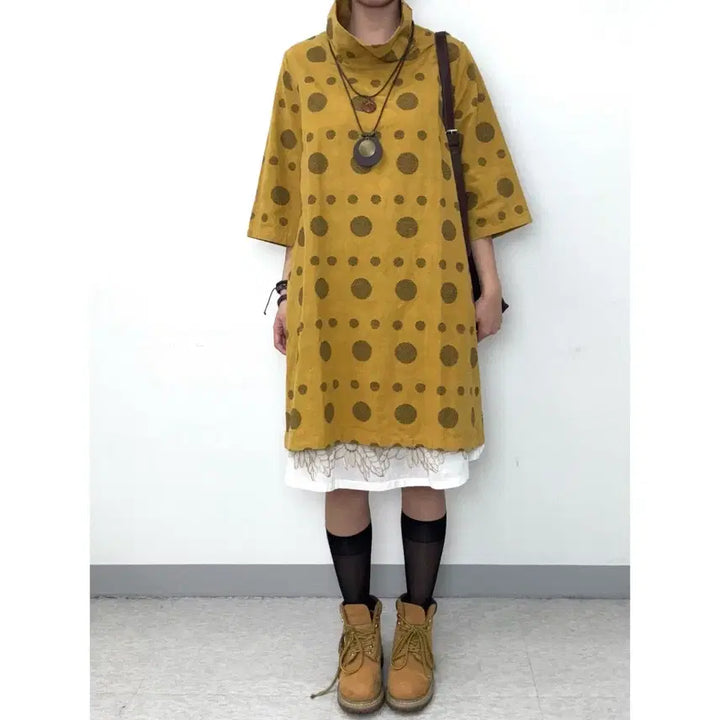 [SOLD OUT] 일본빈티지 에스닉 보헤미안 히피 도트 터틀넥 반팔 원피스