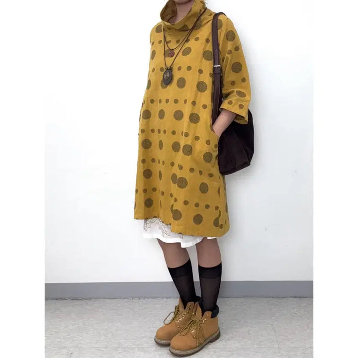[SOLD OUT] 일본빈티지 에스닉 보헤미안 히피 도트 터틀넥 반팔 원피스