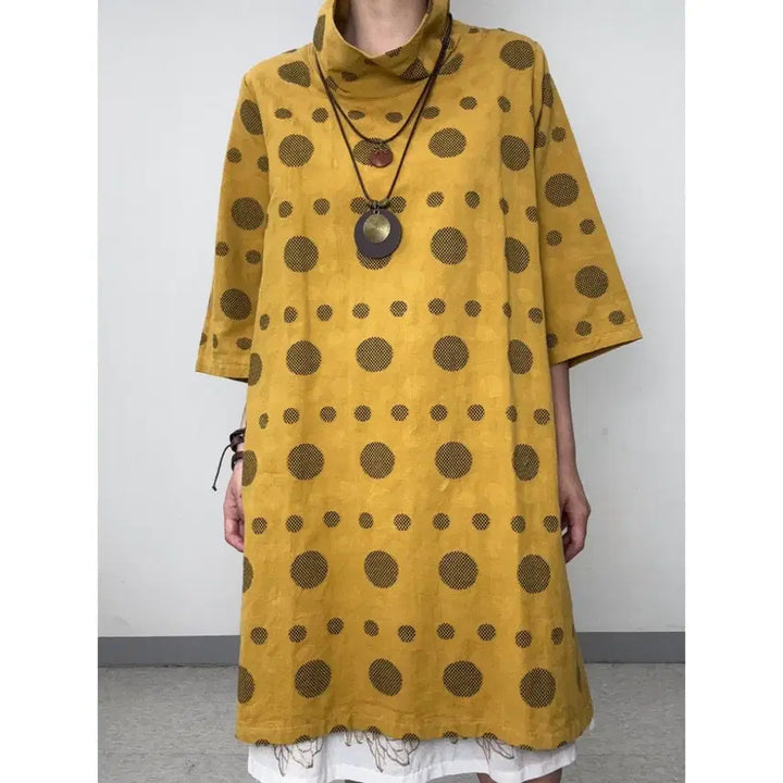 [SOLD OUT] 일본빈티지 에스닉 보헤미안 히피 도트 터틀넥 반팔 원피스