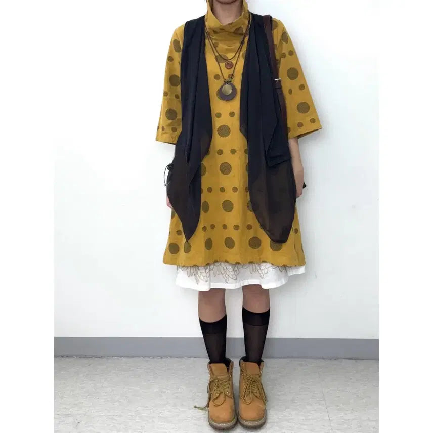 [SOLD OUT] 일본빈티지 에스닉 보헤미안 히피 도트 터틀넥 반팔 원피스