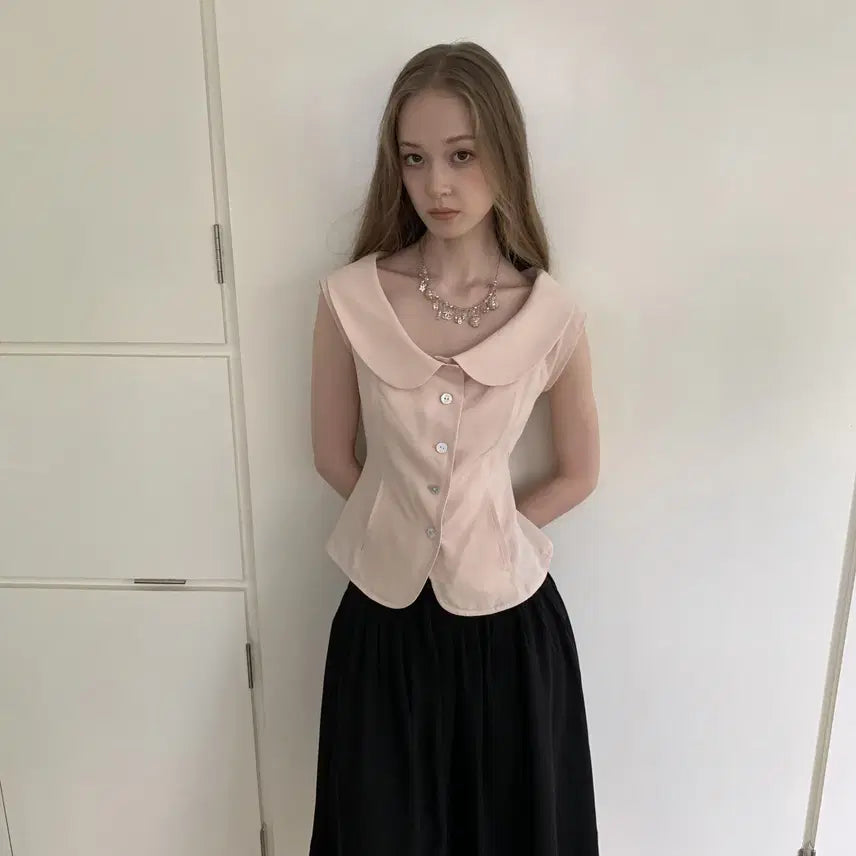 [BUNJANG] DOKNOWZERO Pink Round Collar Slim Suit Half Sleeve Shirt / DOKNOWZERO 블라우스 핑크 둥근칼라 슬림 수트 반팔 셔츠